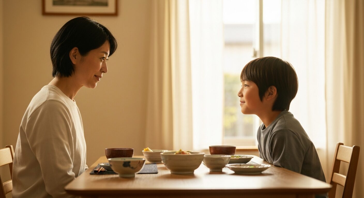 ダイニングテーブルで親と子が穏やかに話し合う情景