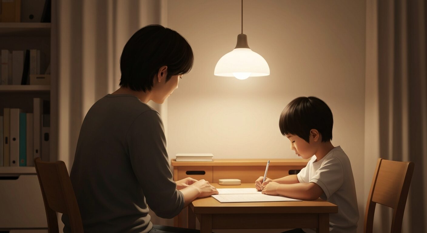 親が子の宿題を温かく見守る家庭の情景