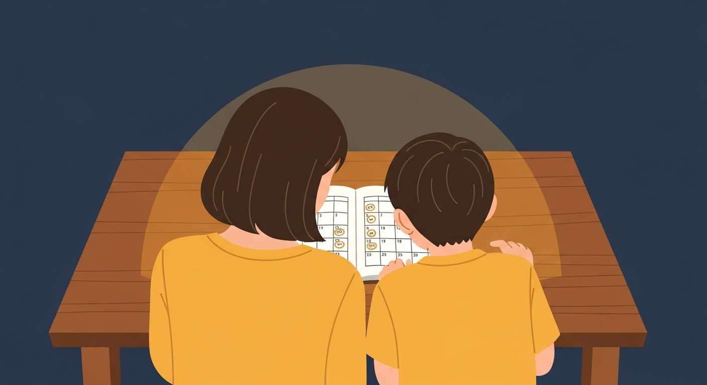 リビングで親子が並んでカレンダーを見るシーン