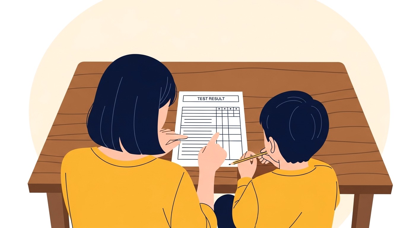 テスト結果を親子で見ながら振り返る後ろ姿