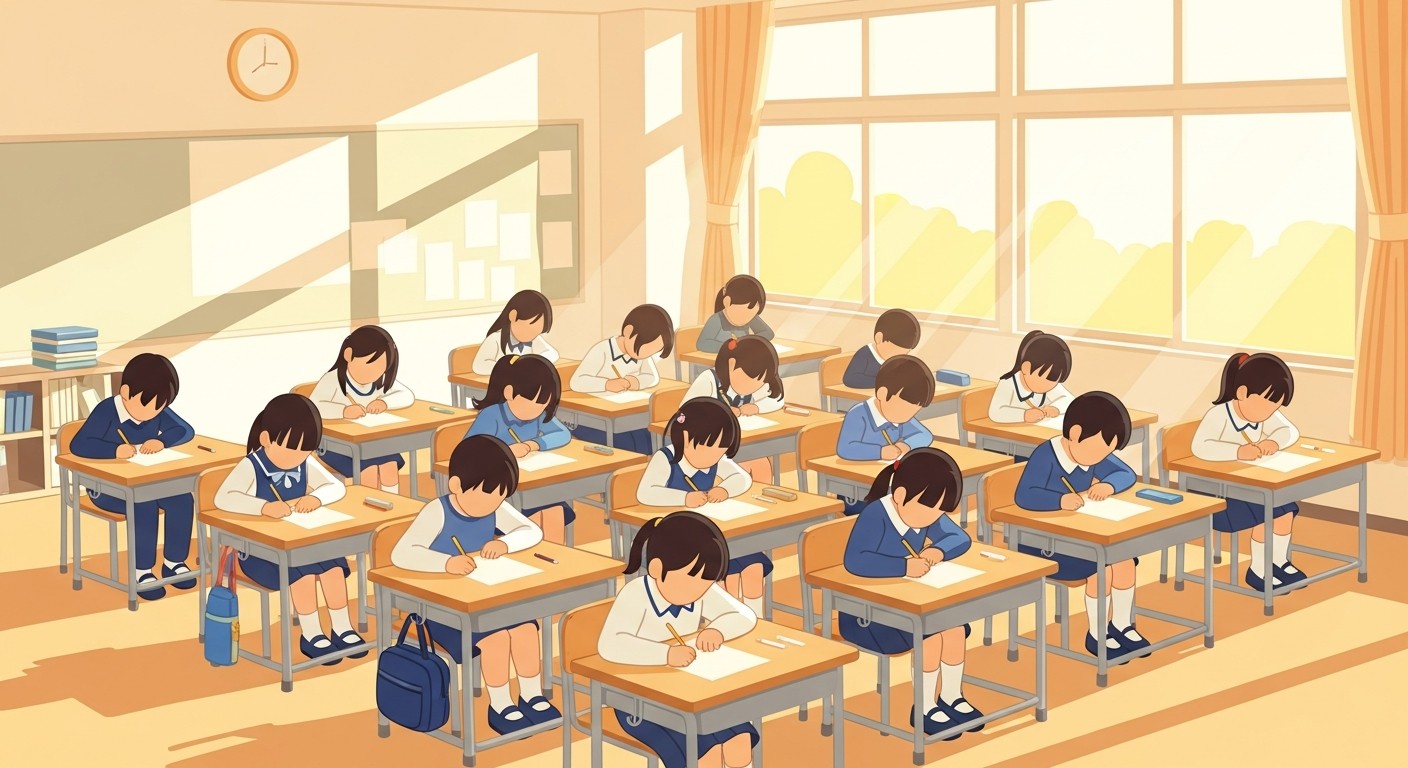 テスト会場で集中する小学生のイメージ