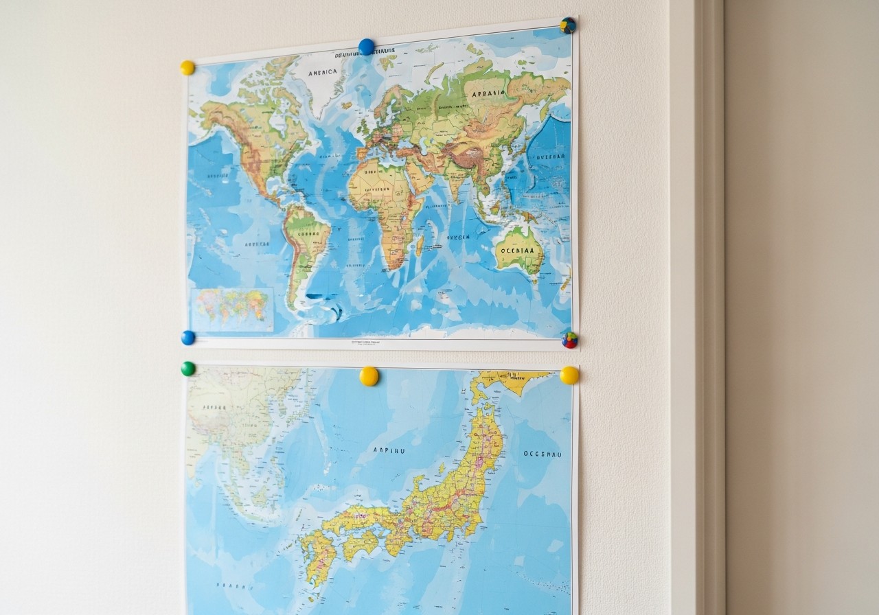 壁紙仕上げのマグネットウォールに地図を貼った活用例