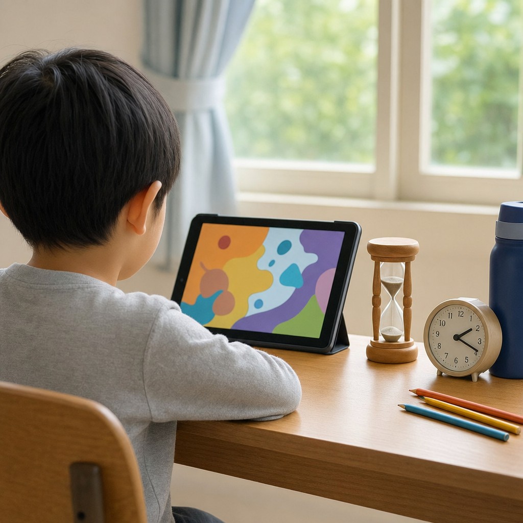 タブレットで時間を意識しながら動画を見る子供