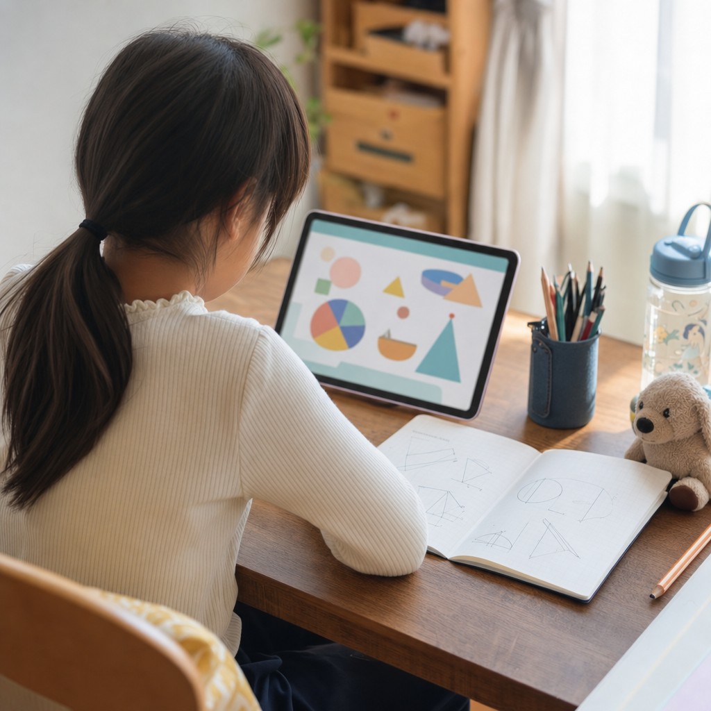 タブレットで学習アプリに取り組む小学生