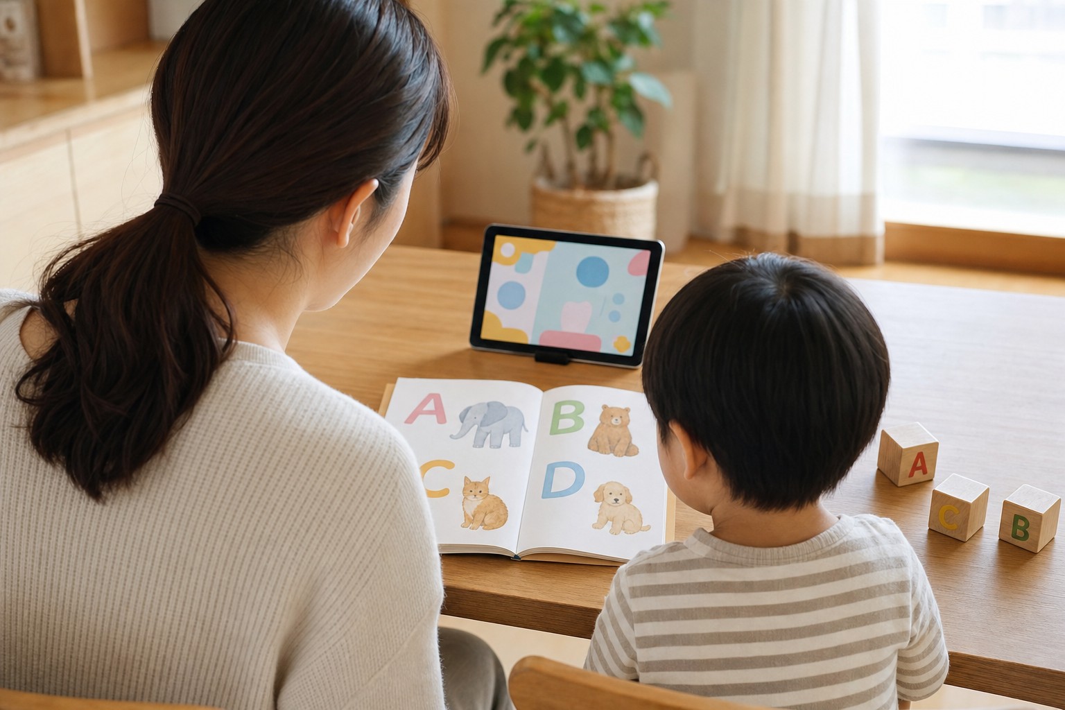親子で英語のアルファベット絵本とタブレット