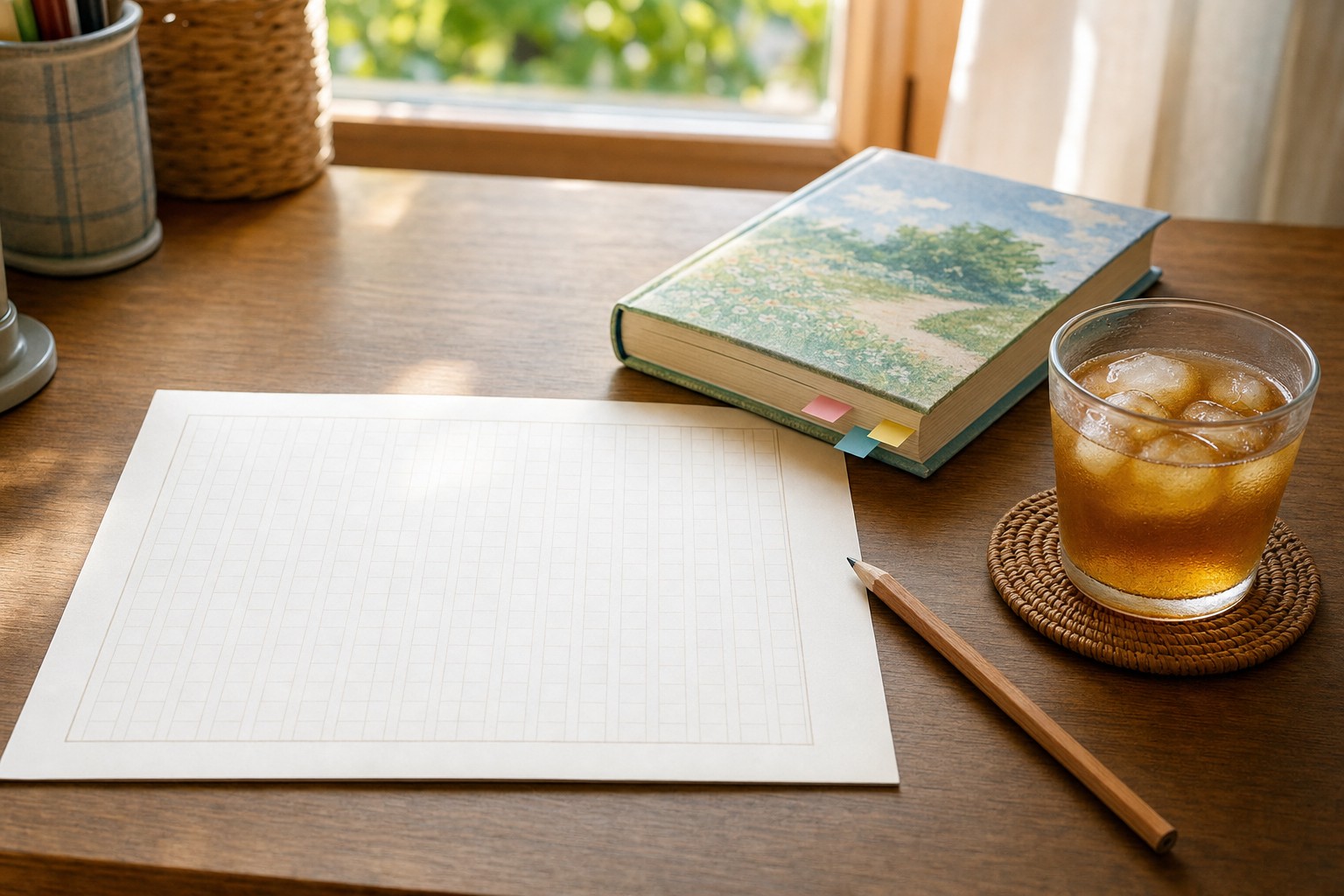 読書感想文 原稿用紙と鉛筆と本が机に並ぶ夏休みの学習机