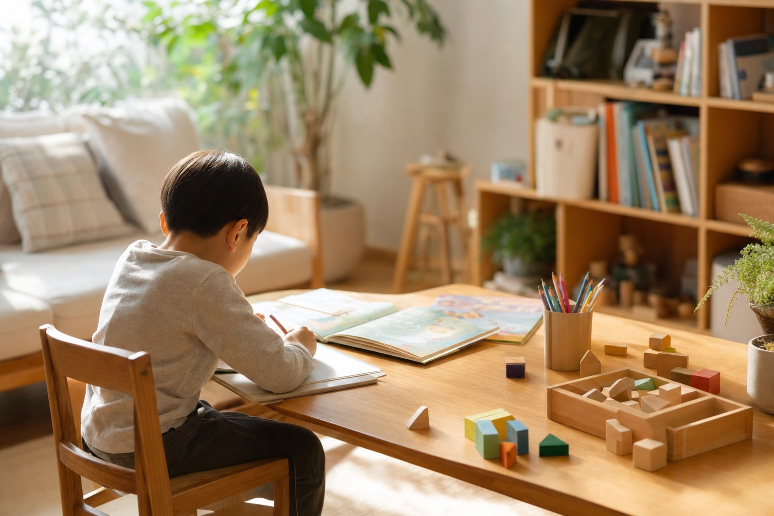低学年の家庭学習イメージ 机で絵本と積み木に向かう子ども