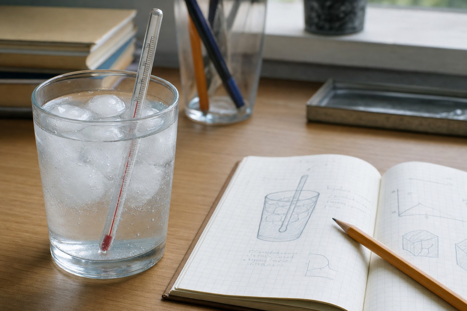 自由研究の科学実験 ビーカーと氷と観察ノート