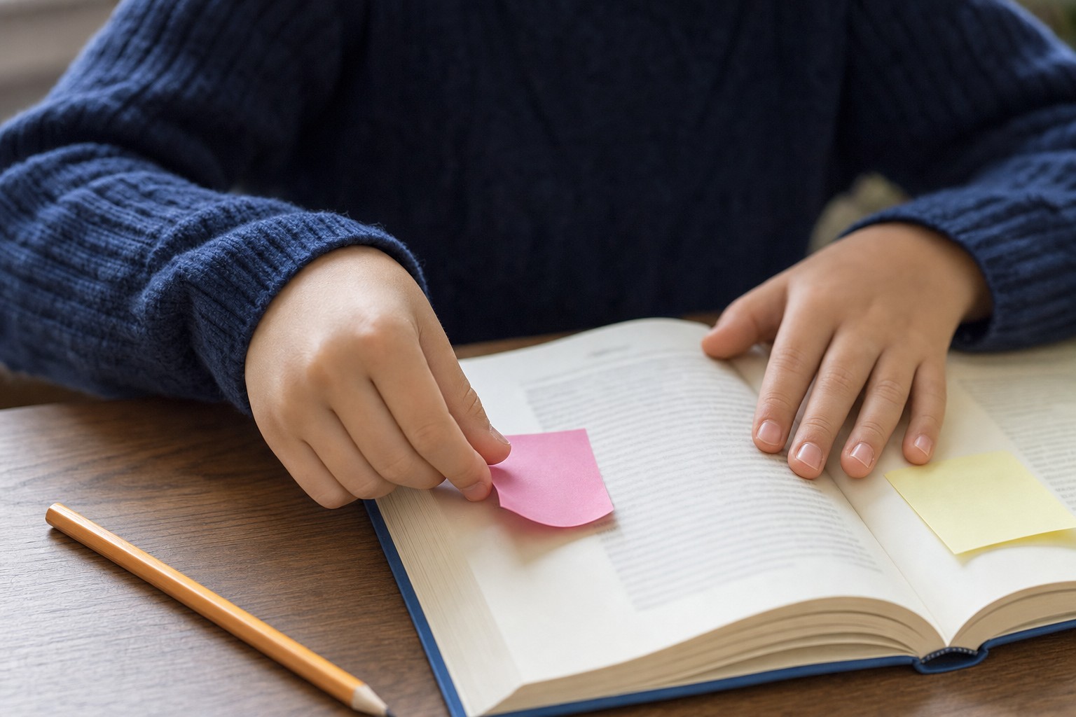 子どもが付せんを使いながら本を読む手元