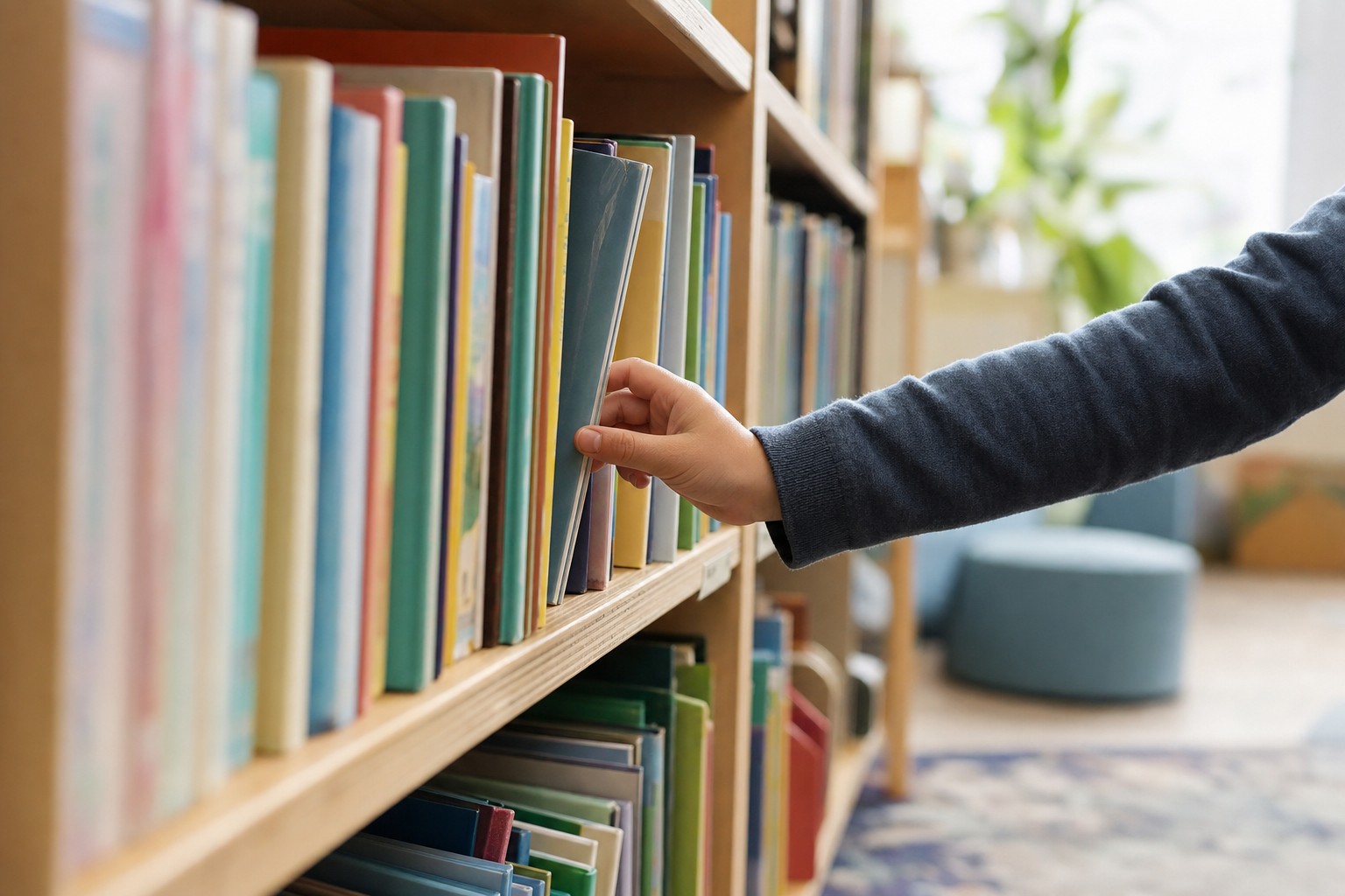 図書館や本棚で子ども向けの本を選ぶ小さな手