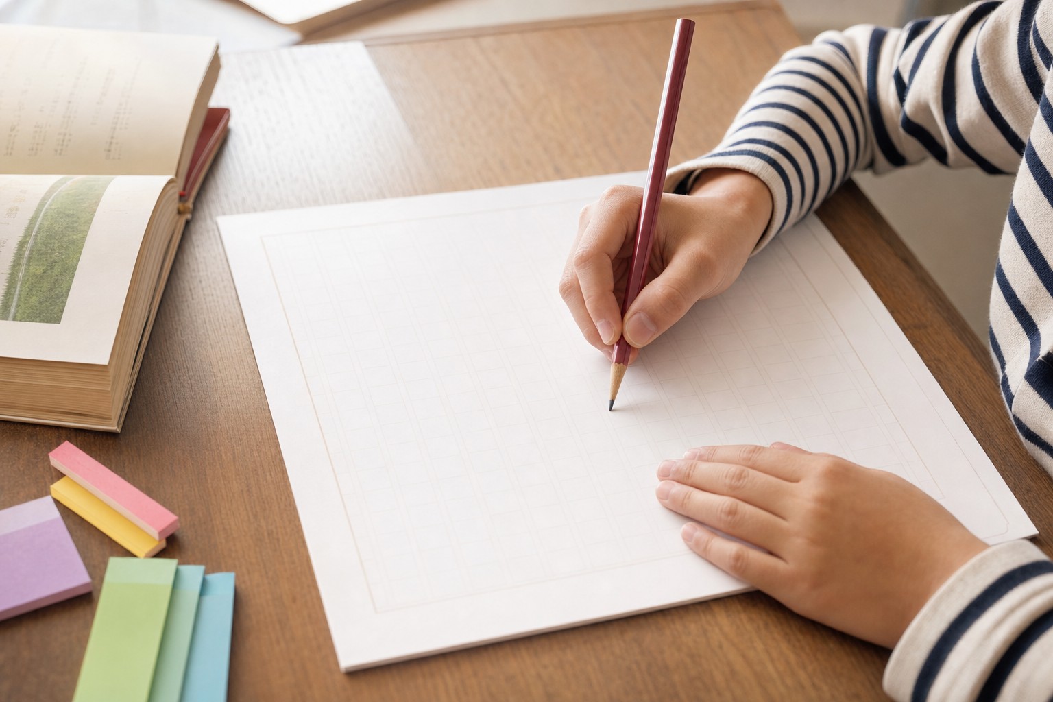 原稿用紙に鉛筆で文章を書く子どもの手元
