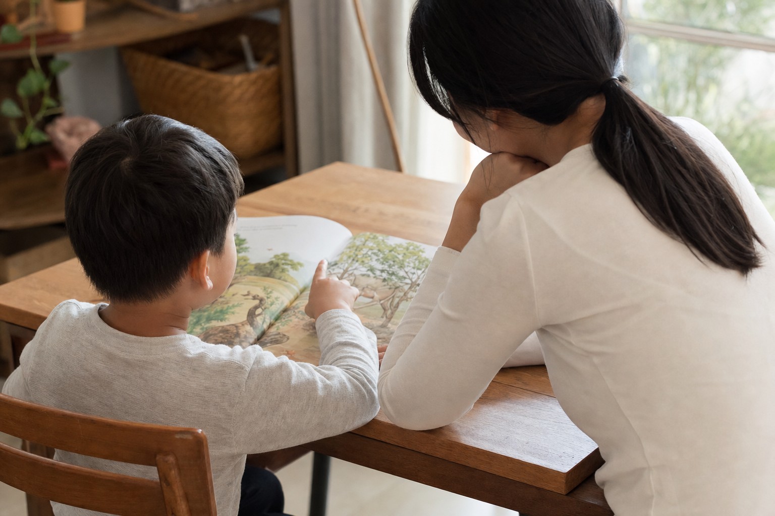 本を開いて子どもの話を聞く親と子の様子