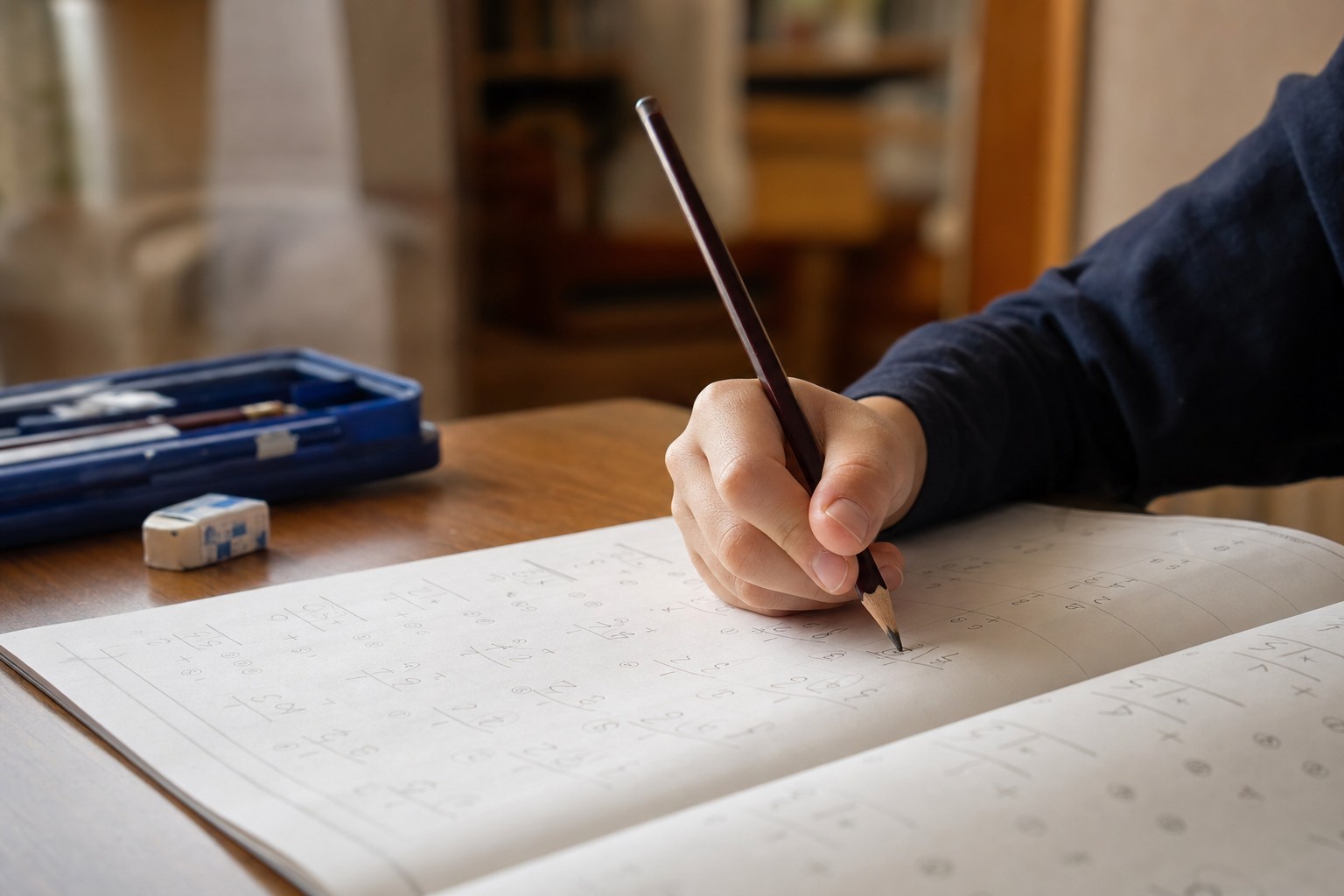 計算問題を鉛筆で解く子どもの手元