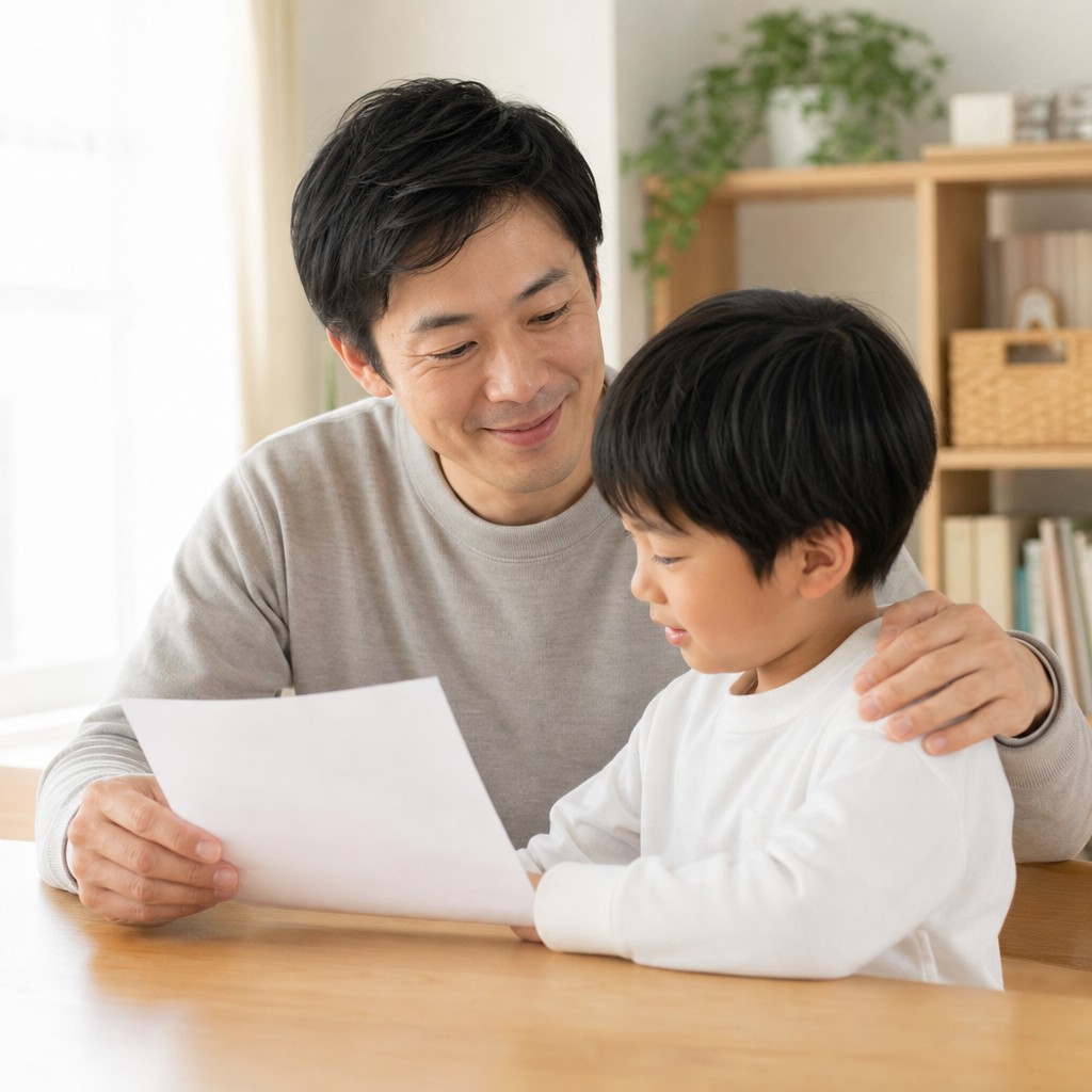 答案を前に穏やかに話す親子