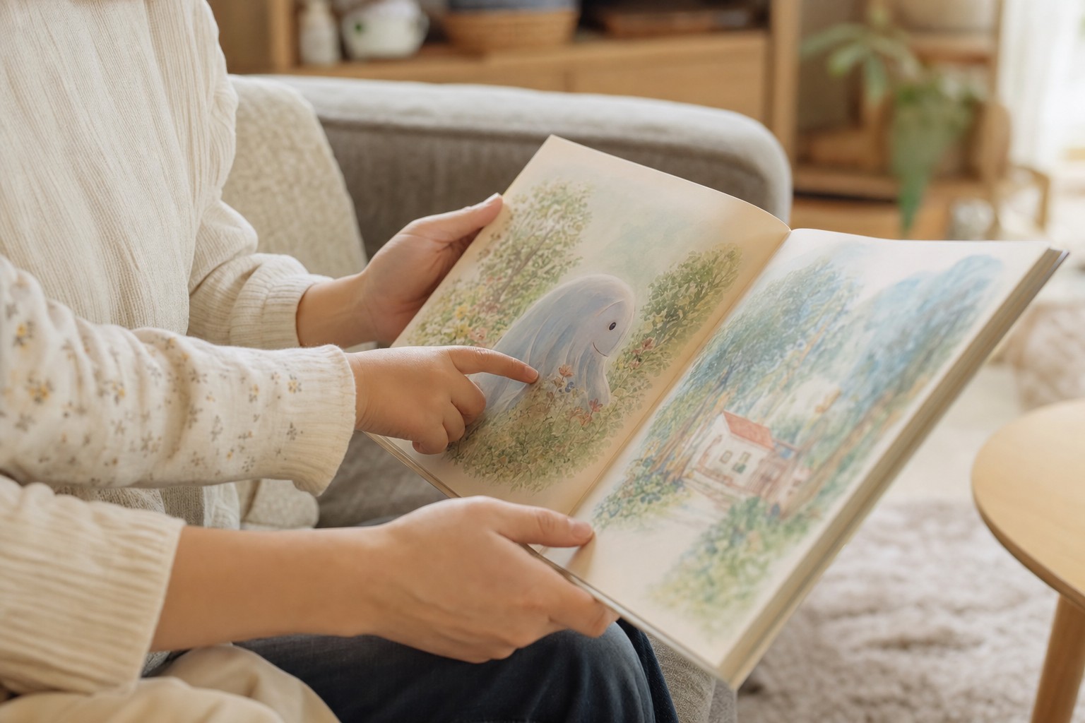 親子で本を音読する手元 リビングでの読み聞かせ