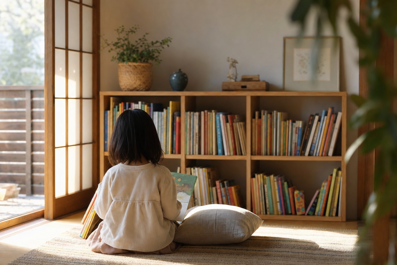 リビングの本棚と読書する子どもの後ろ姿