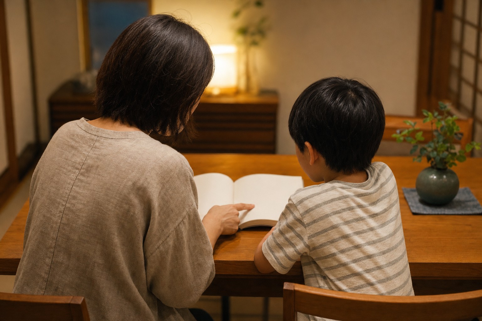 親子でテーブルを囲み本について話す様子
