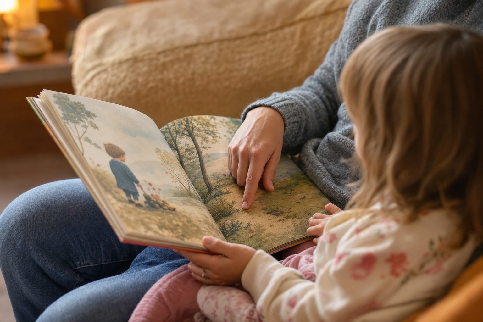 親が幼児に絵本を読み聞かせるリビングの手元