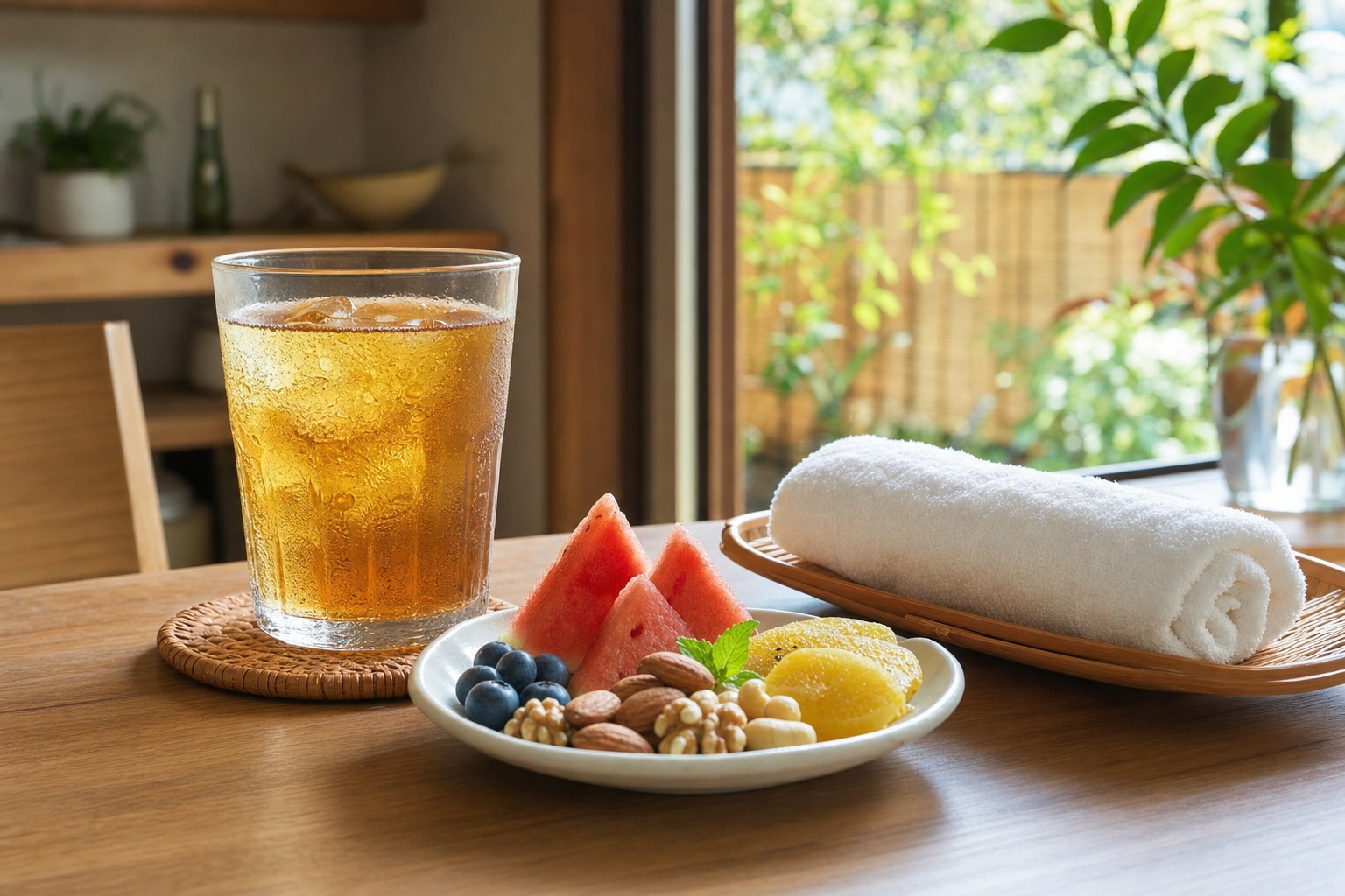 夏バテ対策の卓上 麦茶と冷たいタオルと栄養おやつ