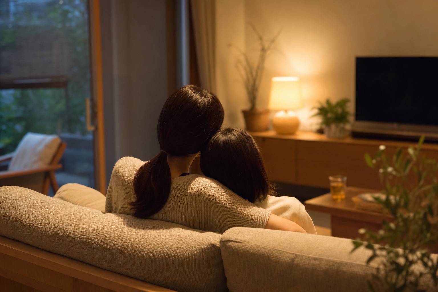 夏の夜 親子がリビングでリラックスして過ごす様子