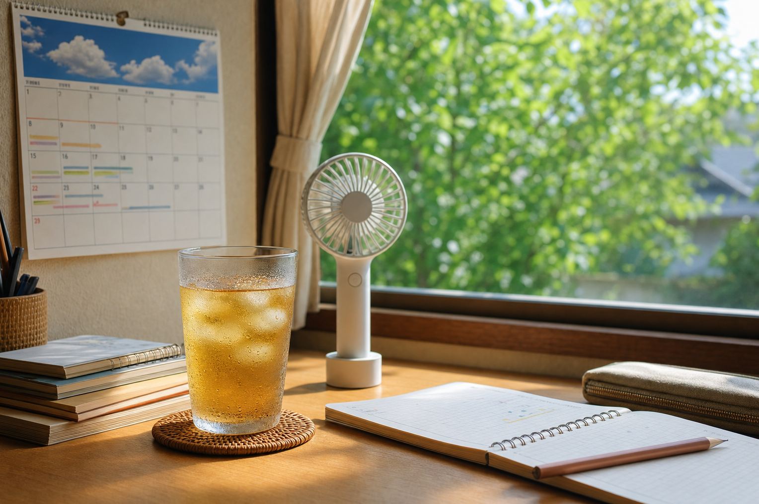 中学受験 夏期講習 夏の学習机 麦茶とカレンダーとうちわ