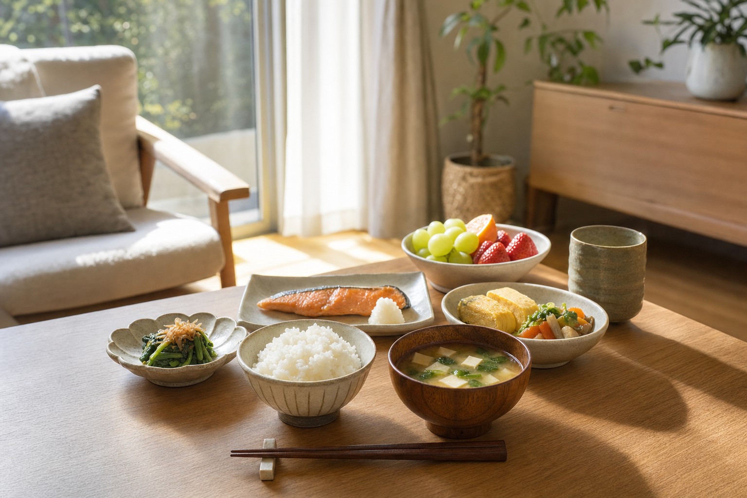 朝にカーテンを開けて朝食の準備が整ったリビングの様子