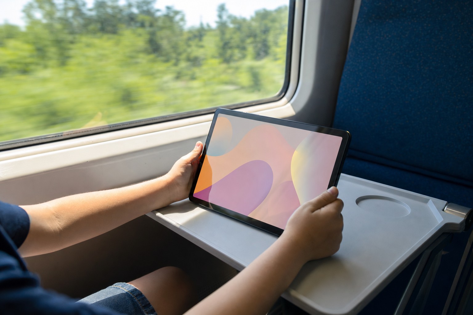 電車の車内でタブレットを使って学習する子どもの手元