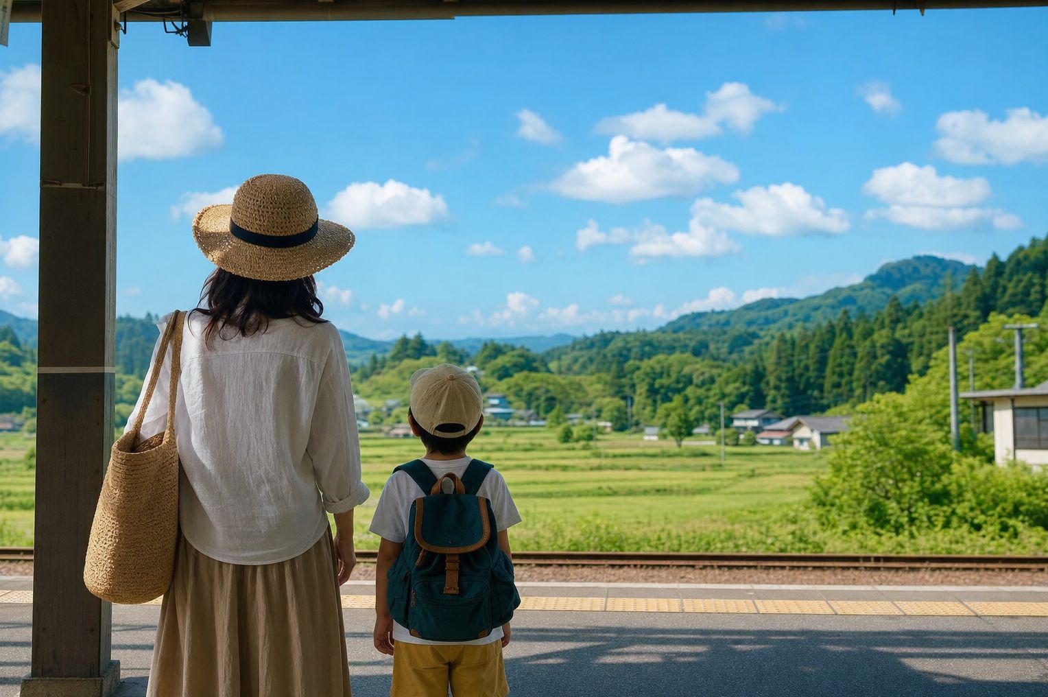 夏の旅行に出かける家族の後ろ姿と青空