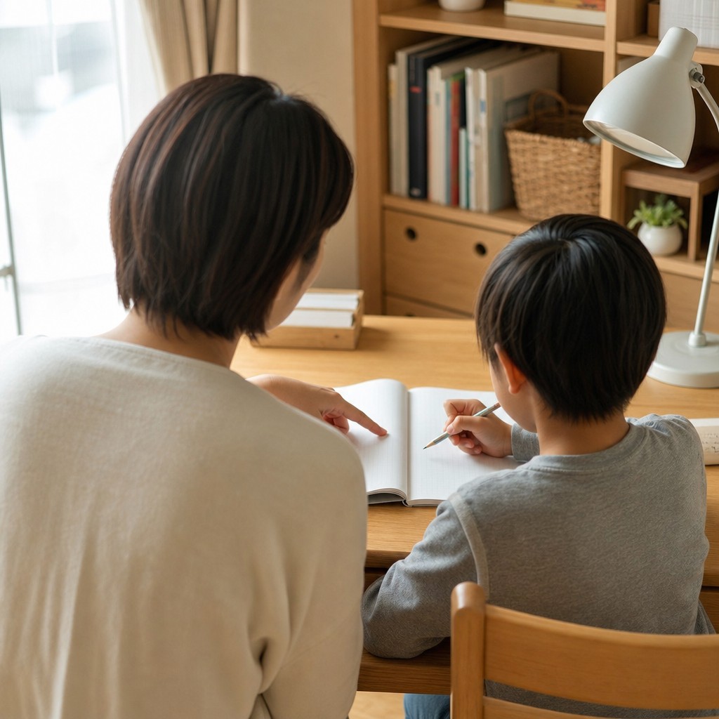 親子で並んで学習する後ろ姿 個別フォローの伴走