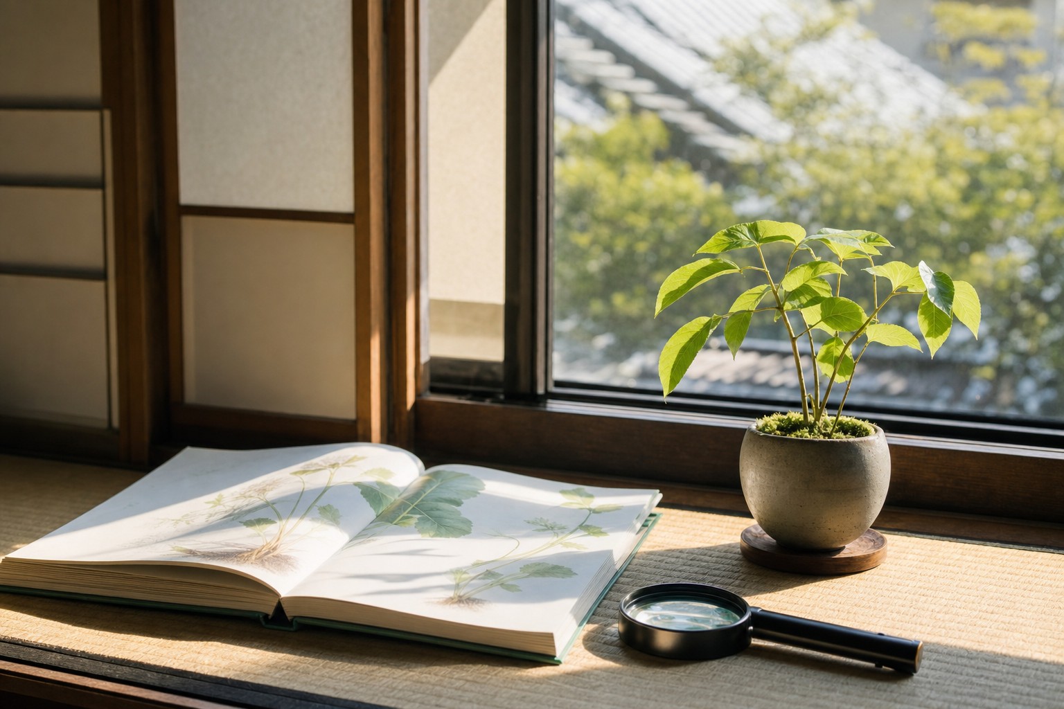 理科の土台 窓辺の植物と図鑑と虫眼鏡