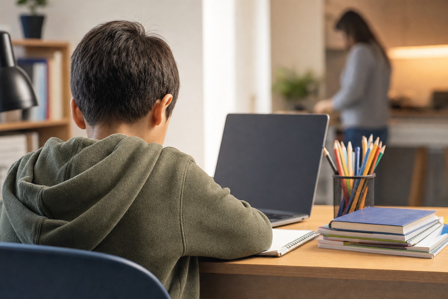 自宅でオンライン学習を受ける子どもとそばで見守る親