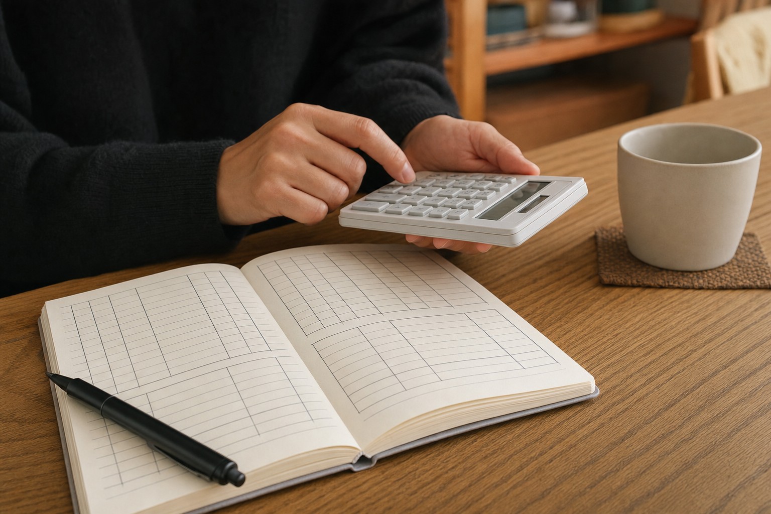 電卓と家計のノートで教育費を計算する手元
