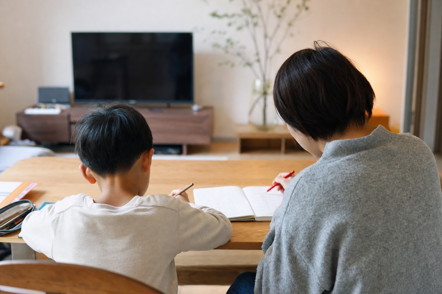 リビングで丸付けをする親と学習する小学生の後ろ姿