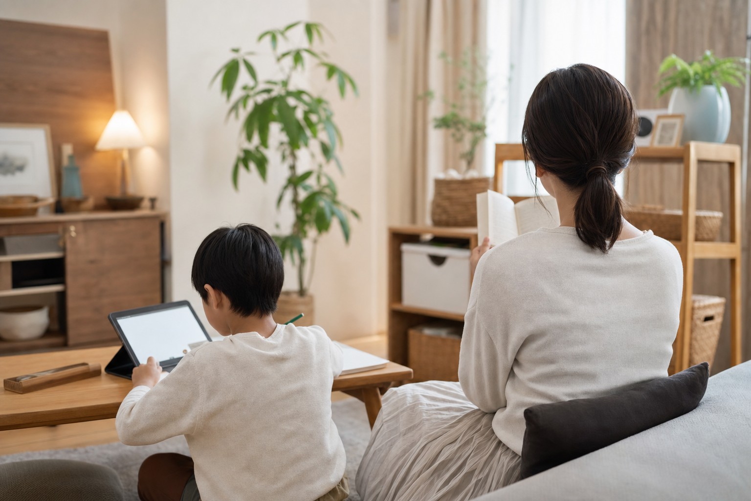 タブレット学習する子どもを見守る親のいるリビング