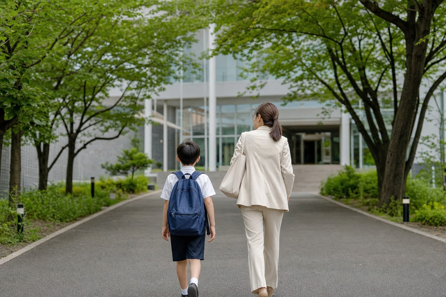 学校の校舎へ向かって歩く親子の後ろ姿