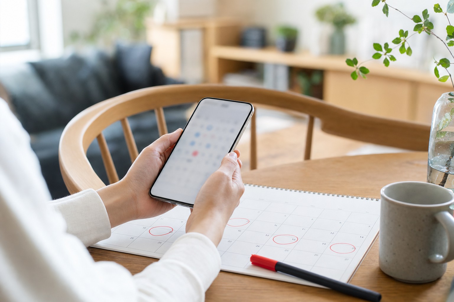 カレンダーとスマートフォンで説明会の予約日を管理する親の手元