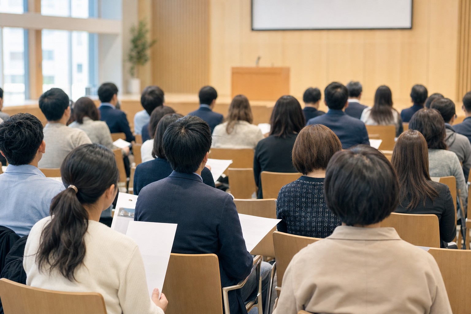 学校説明会の会場で資料を確認する保護者たちの後ろ姿