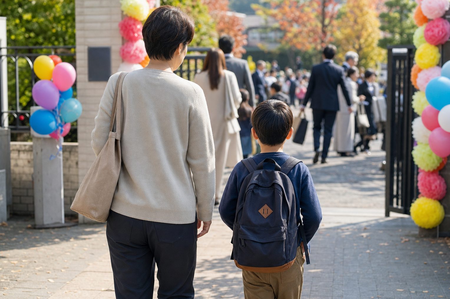 文化祭でにぎわう学校の校門へ向かう親子の後ろ姿
