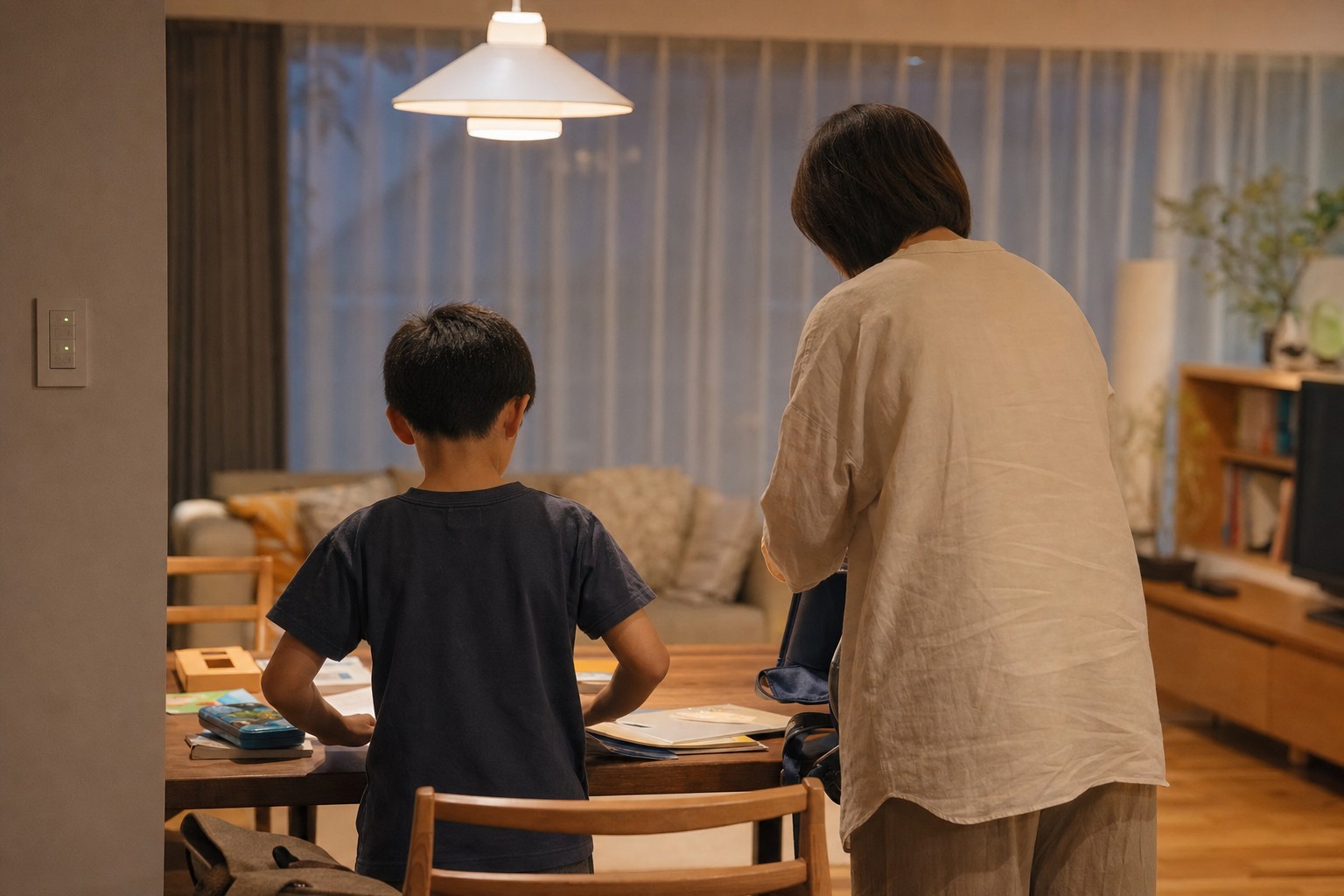 夜のリビングで学習を終えて片付ける親子の後ろ姿