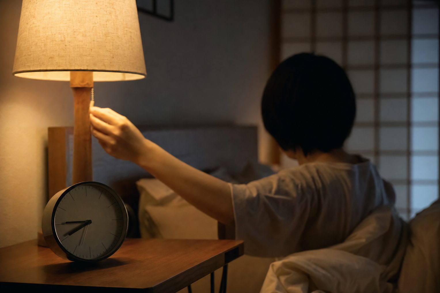 消灯前の薄暗い部屋の目覚まし時計