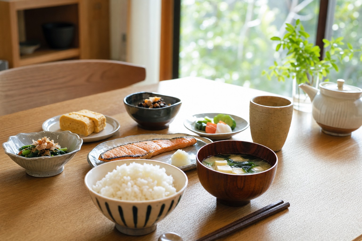 朝の光の中で朝食の準備が整ったダイニング