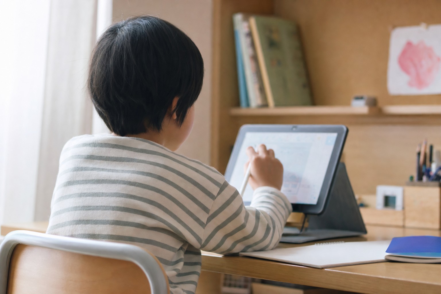 タブレット学習を進める小学生の後ろ姿