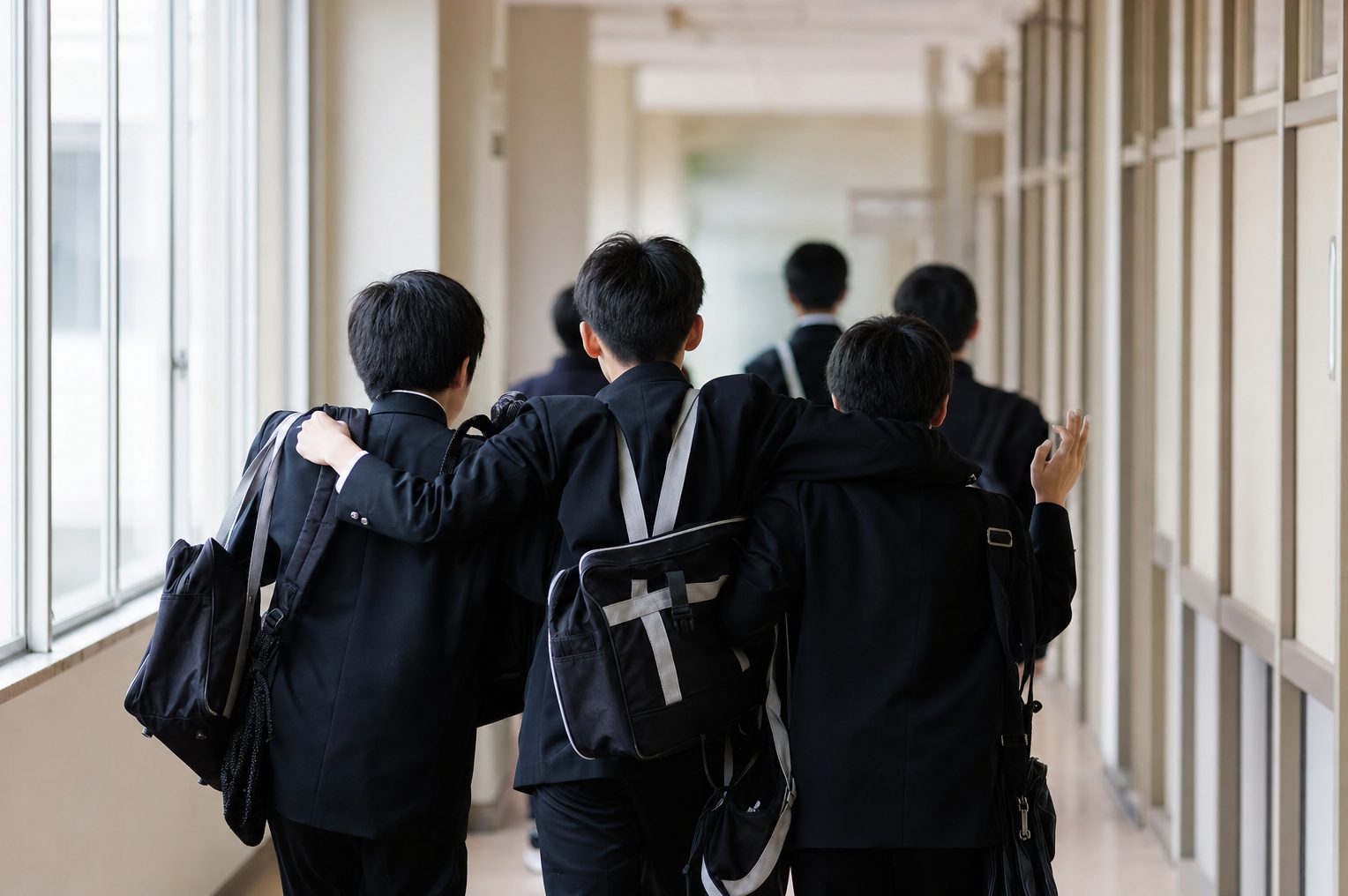 活気のある男子生徒たちが廊下を歩く後ろ姿