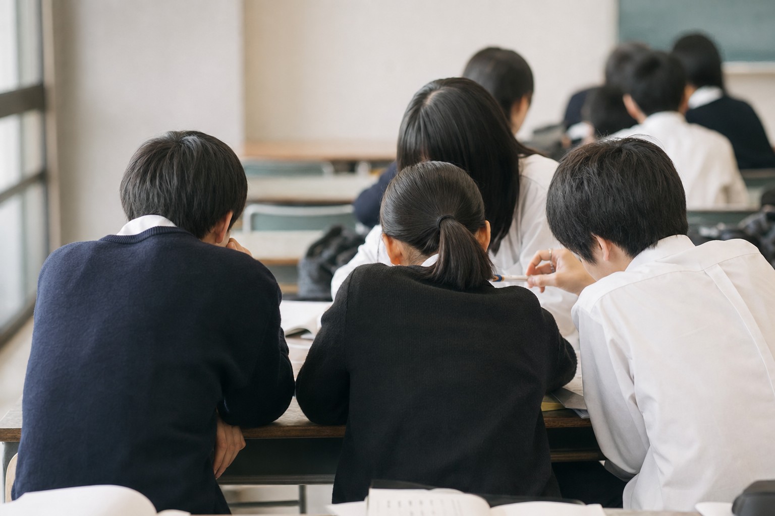 男女の生徒が一緒に活動する教室の後ろ姿