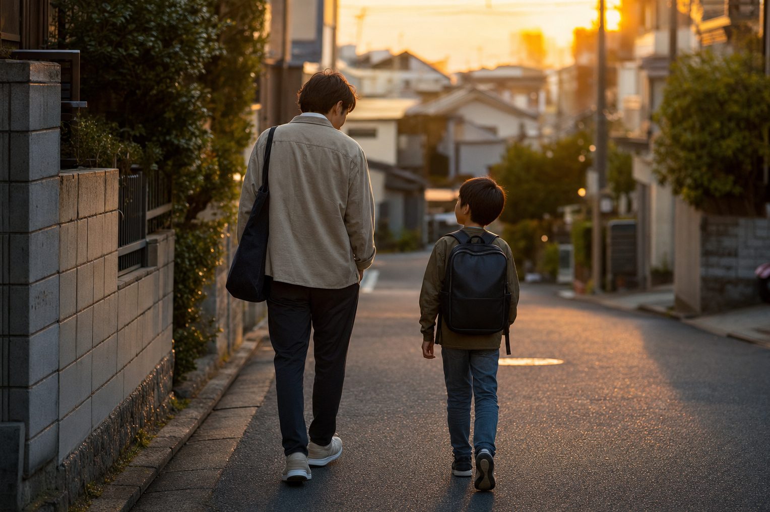 夕暮れの帰り道で会話する親子の後ろ姿