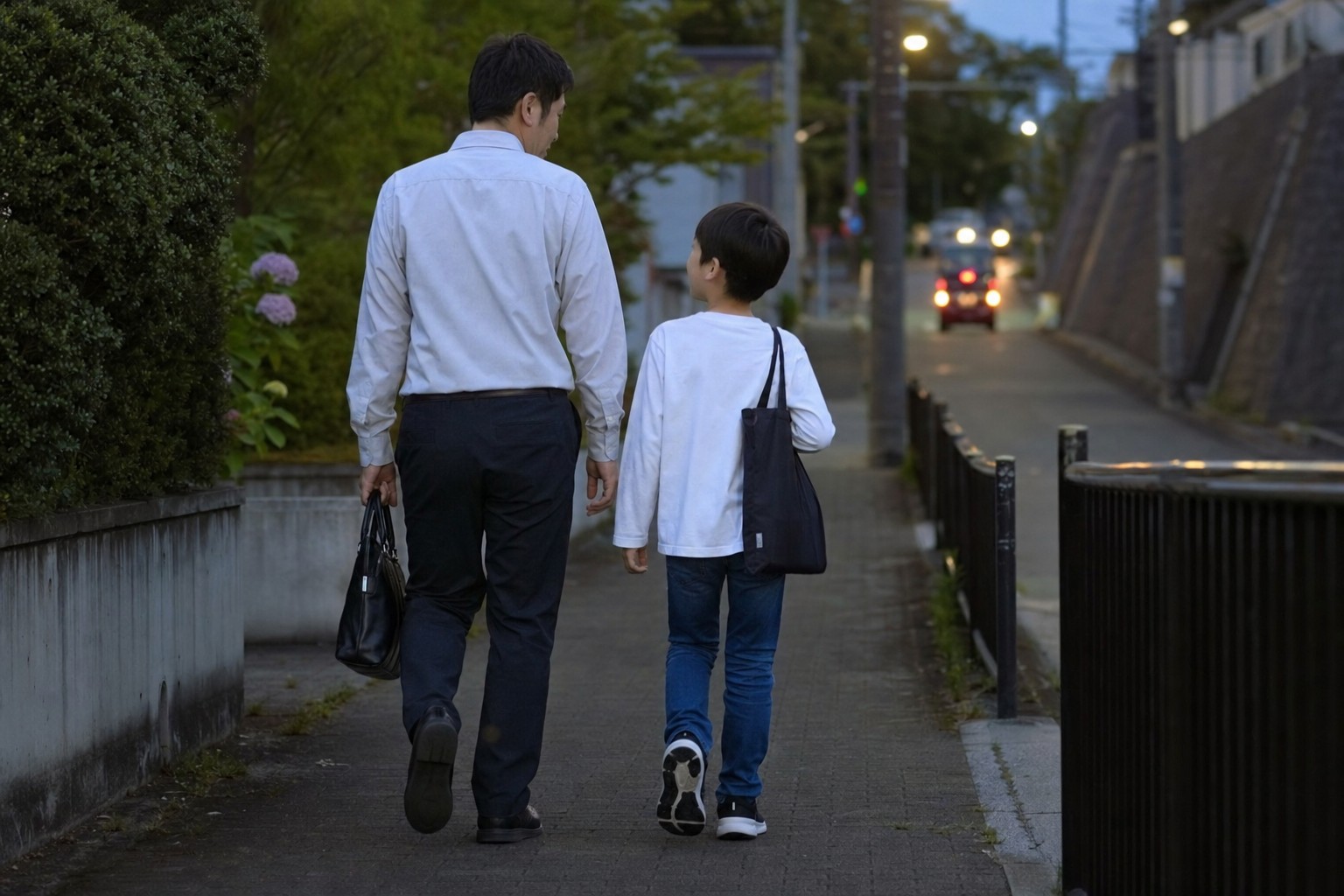 夕方の道を並んで歩く父と子の後ろ姿