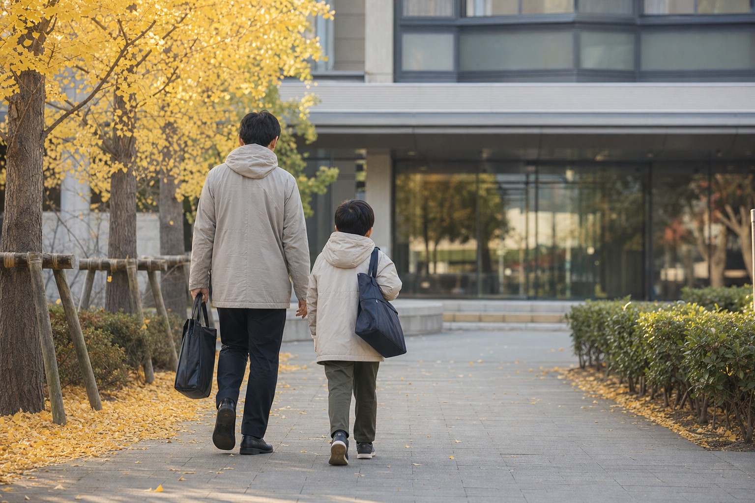 塾のビルへ向かう親子の後ろ姿