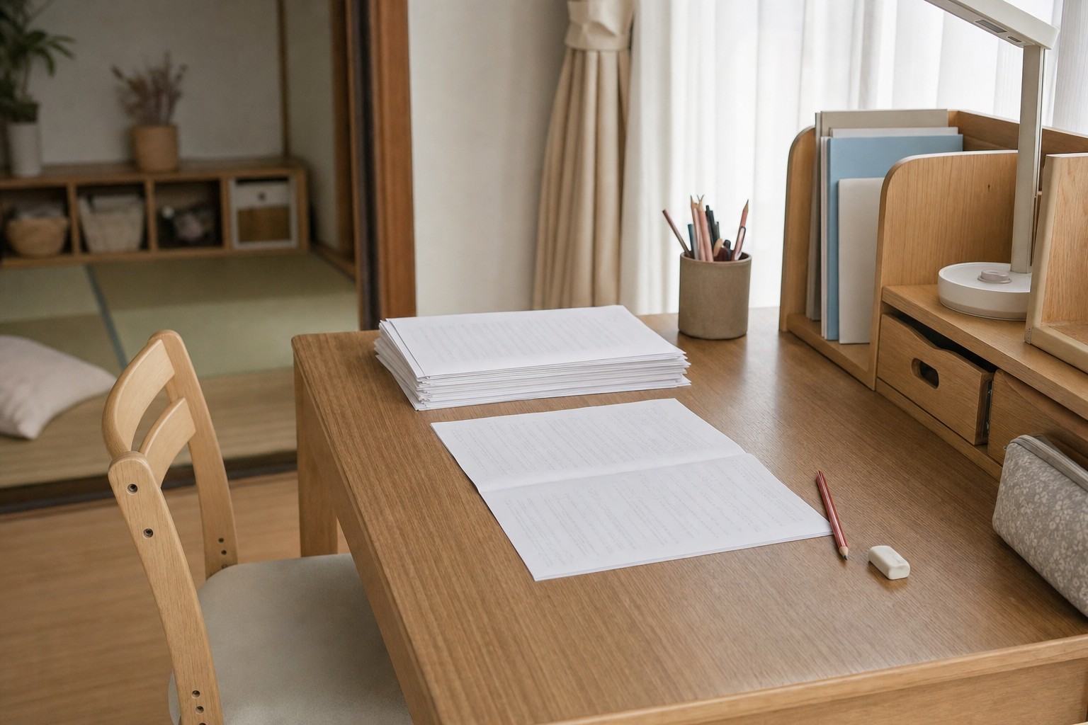 テスト直しに向き合う机の上のプリントと赤鉛筆