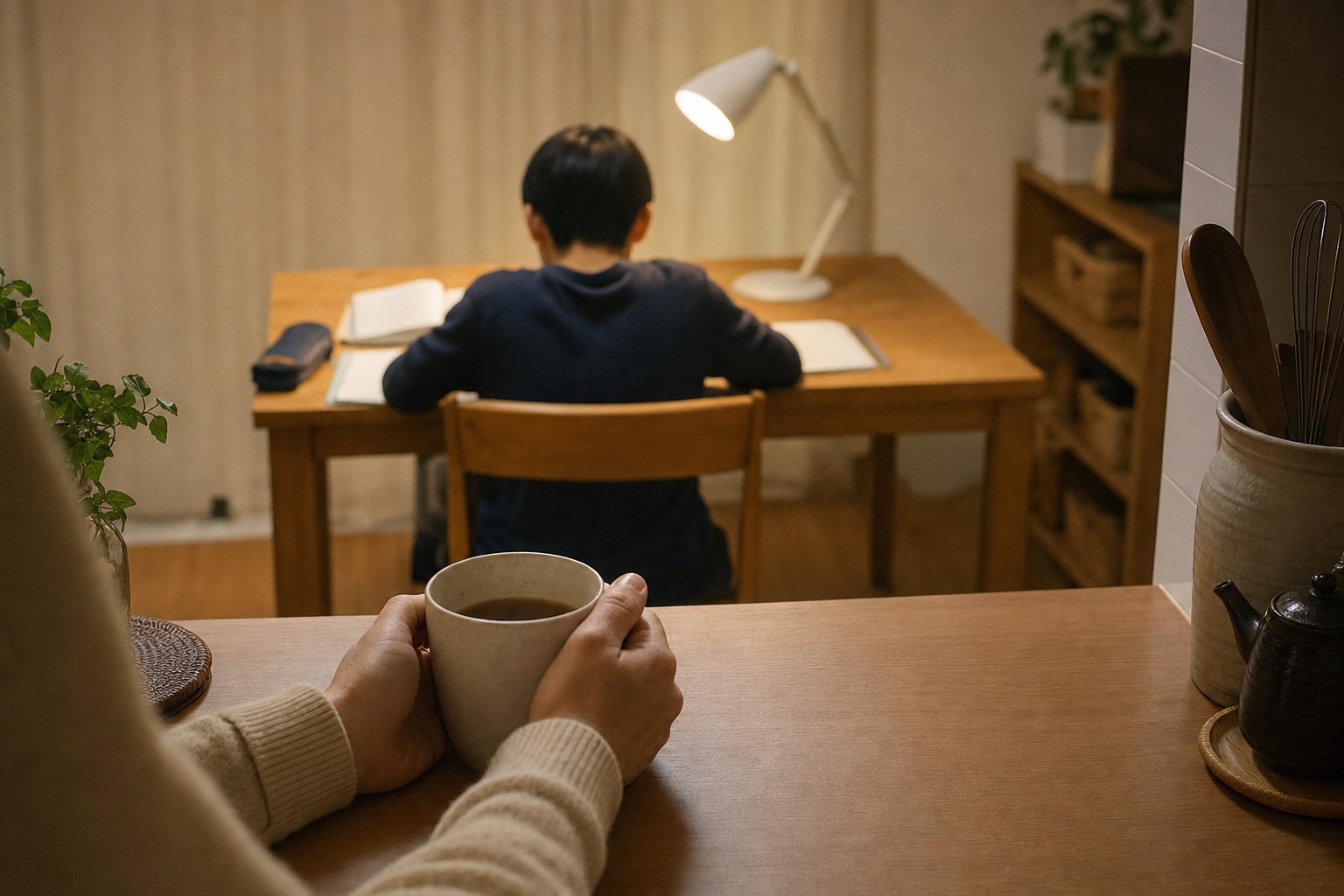 少し離れた場所から子どもの勉強を見守る親